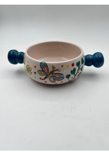 Kimya Ceramics Handmade Seramik Tabak Seti ve Kulplu Kasesi(Yusufçuk Desenli)