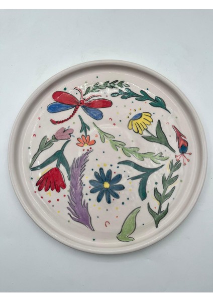 Kimya Ceramics Handmade Seramik Tabak Seti ve Kulplu Kasesi(Yusufçuk Desenli)