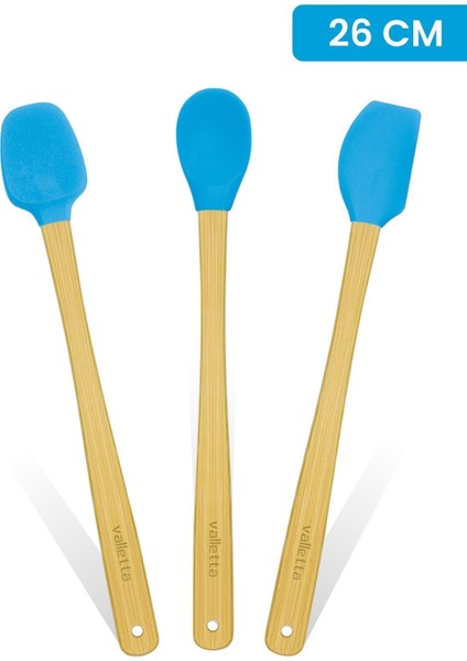 Indigo 3'lü Turkuaz Bambu Silikon Spatula Seti Uzun 26 Cm