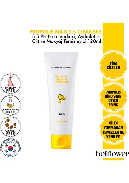 5.5 Ph Propolis İçeren Nazik Formüllü Nemlendirici, Yatıştırıcı Cilt ve Makyaj Temizleyici 120 ml