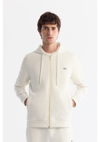 Erkek Ekru Kapüşonlu Pamuklu Fermuarlı Elastan Sweatshirt A42Y1264