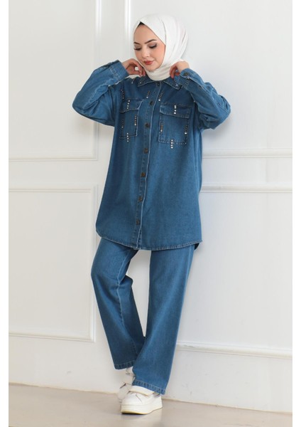 Cepli Taş Detaylı Kot Takım Mavi 19207 modelleri