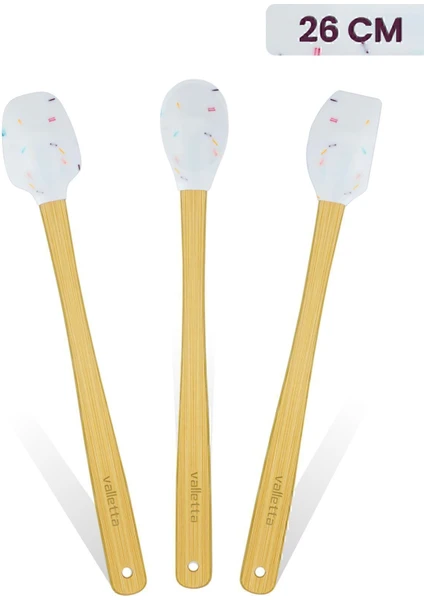 Indigo 3'lü Beyaz Renkli Noktalı Bambu Silikon Spatula Seti Uzun 26 cm