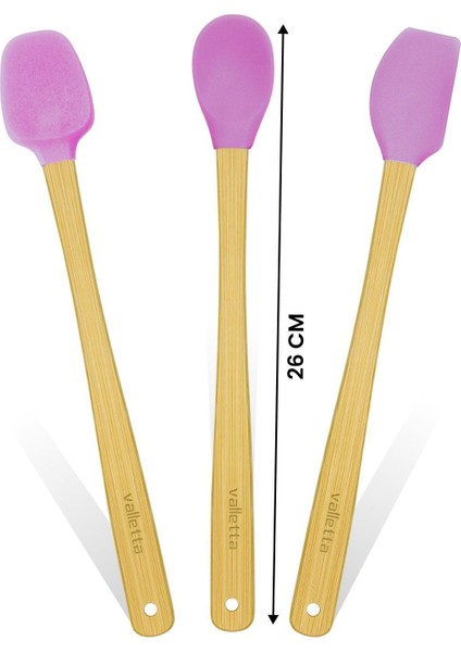 Indigo 3'lü Pembe Bambu Silikon Spatula Seti Uzun 26 Cm
