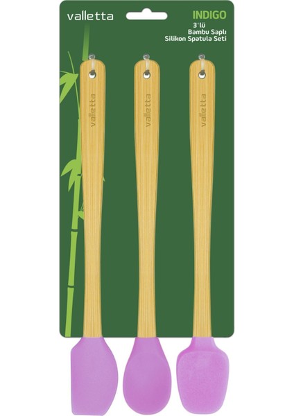 Indigo 3'lü Pembe Bambu Silikon Spatula Seti Uzun 26 Cm