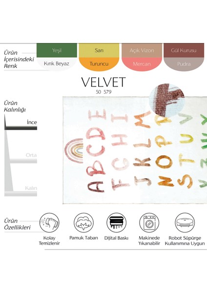 Velvet Beyaz Renkli Harf Desenli Yumuşak Dokulu Makinede Yıkanabilir Dokuma Şönil Çocuk Odası Halısı