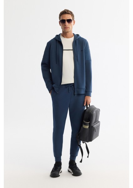 Erkek İndigo Kapüşonlu Pamuklu Fermuarlı Elastan Regular Fit Sweatshirt A42Y1264