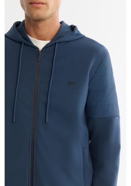 Erkek İndigo Kapüşonlu Pamuklu Fermuarlı Elastan Regular Fit Sweatshirt A42Y1264