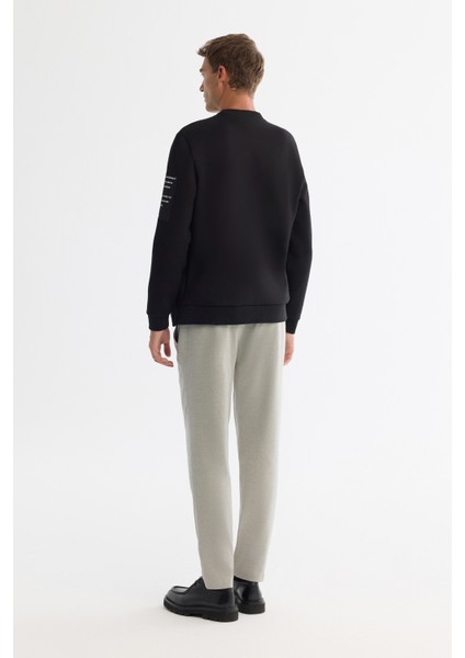 Erkek Siyah Bisiklet Yaka Pamuklu Baskılı Elastan Sweatshirt A42Y1246