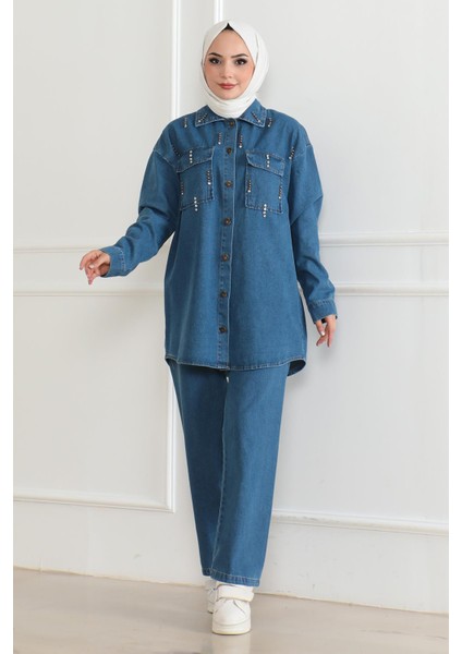 Cepli Taş Detaylı Kot Takım Mavi 19207
