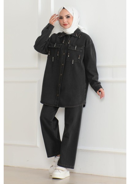 Cepli Taş Detaylı Kot Takım Füme 19207