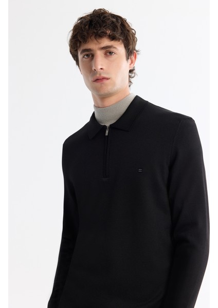 Erkek Siyah Fermuarlı Polo Yaka Rayon Triko Kazak A42Y5009