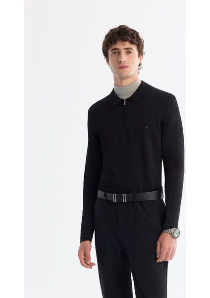 Erkek Siyah Fermuarlı Polo Yaka Rayon Triko Kazak A42Y5009