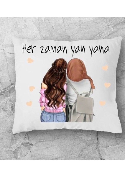 2 Arkadas Kardes Her Zaman Yan Yana Yazılı Yastik Kalp Detayli