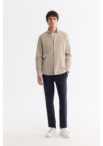 Erkek Bej Gömlek Düğmeli Yaka Pano Çizgili Slim Fit A41y2190
