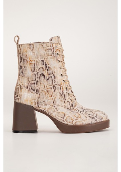 Kadın Deri Kalın Topuklu Şık Bağcıklı Bot - Bej Yılan modelleri
