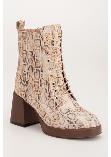 Kadın Deri Kalın Topuklu Şık Bağcıklı Bot - Bej Yılan fırsatları