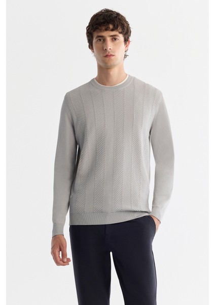 Erkek Gri Bisiklet Yaka Jakarlı Rayon Triko Kazak A42y5072