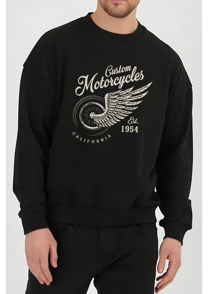 Custom Motorcu Baskılı Siyah Unisex Kadın Erkek Pamuklu Sweatshirt CU333