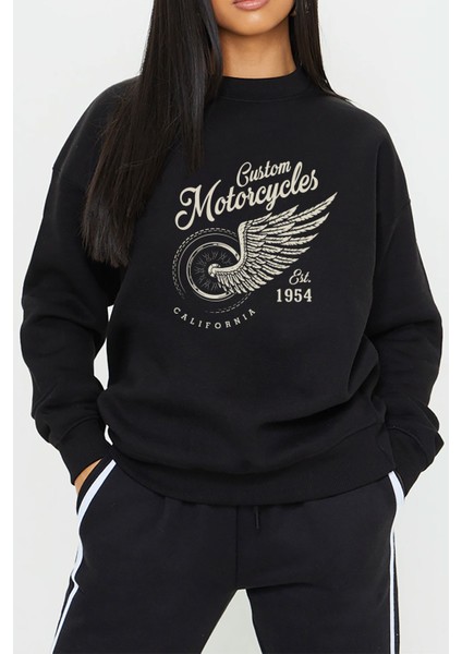 Custom Motorcu Baskılı Siyah Unisex Kadın Erkek Pamuklu Sweatshirt CU333
