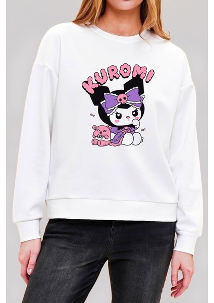 Kuromi Baskılı Beyaz Unisex Kadın Erkek Pamuklu Sweatshirt CU339