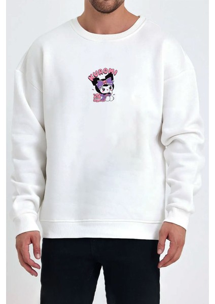 Kuromi Baskılı Beyaz Unisex Kadın Erkek Pamuklu Sweatshirt CU342
