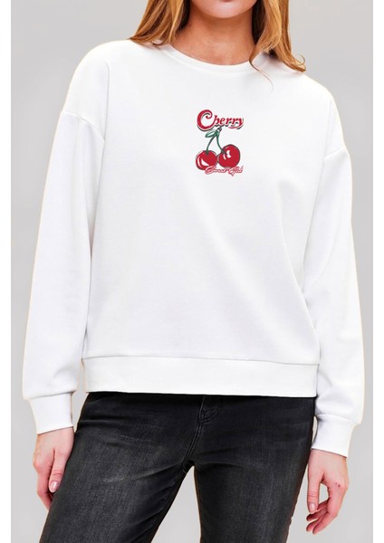 Cherry Kiraz Baskılı Beyaz Unisex Kadın Erkek Pamuklu Sweatshirt CU347