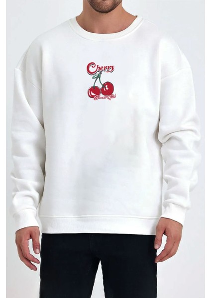 Cherry Kiraz Baskılı Beyaz Unisex Kadın Erkek Pamuklu Sweatshirt CU347