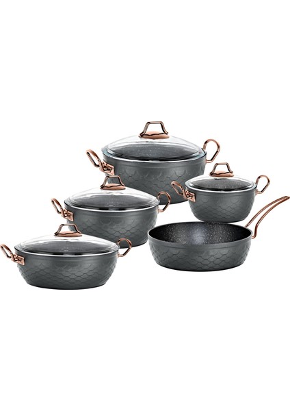 3543 - Mermaıd Sets - 9 Parça, Biogranit, Geniş Taban, Tencere Seti Antrasit Gövde, Bakır Detay