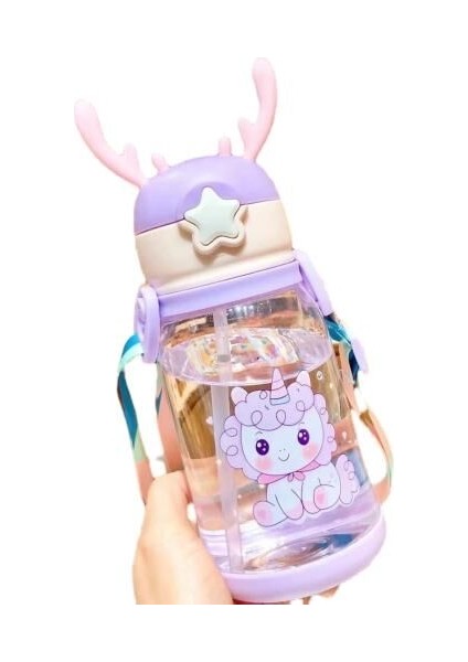 Çocuk Damla Geçirmez Bardak Sevimli Boynuz Pipetli Içme Bardağı, Kayışlı 600ML (Yurt Dışından)