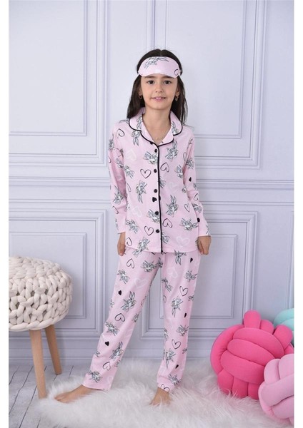 Kız Çocuk Tavşan Desenli Uzun Kollu Pijama Takımı + Göz Bant Dahil