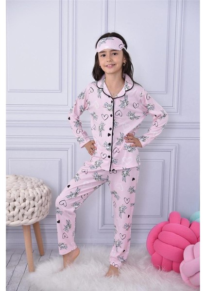 Kız Çocuk Tavşan Desenli Uzun Kollu Pijama Takımı + Göz Bant Dahil