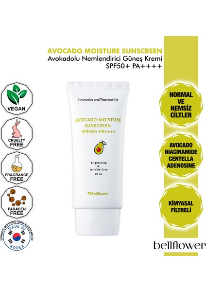 Avokado Ve Centella Içeren Nemlendirici Güneş Kremi SPF50+ PA++++ 50ml