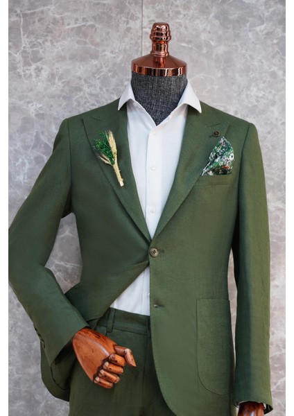 Tulum Cepli Kırlangıç Yaka Slim Fit Haki Yeşil Keten Takım Elbise fiyatları