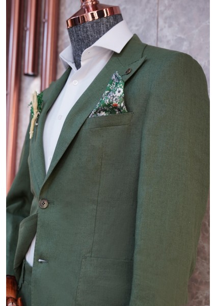 Tulum Cepli Kırlangıç Yaka Slim Fit Haki Yeşil Keten Takım Elbise modelleri