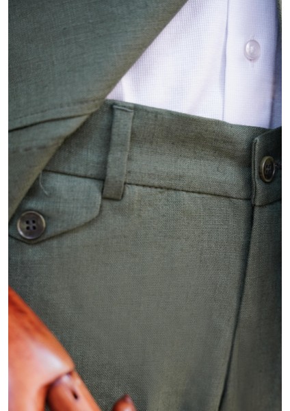 Tulum Cepli Kırlangıç Yaka Slim Fit Haki Yeşil Keten Takım Elbise fırsatları