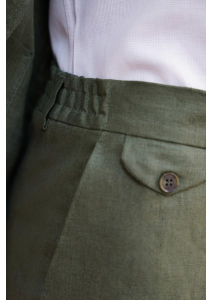 Tulum Cepli Kırlangıç Yaka Slim Fit Haki Yeşil Keten Takım Elbise indirimleri