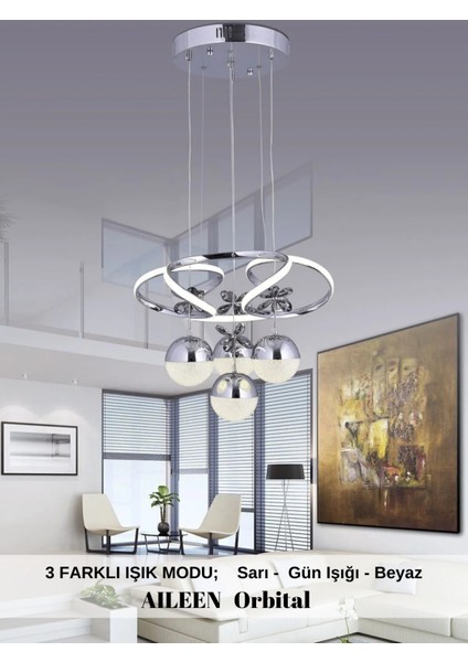 Orbital 3 Renk Gold ( Sarı Beyaz  Ve Gün Işığı) Luxury Led Kristal Taşlı Avize