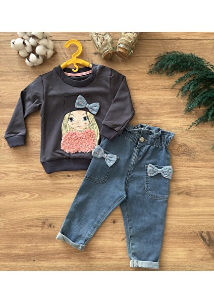 Önü Detaylı Fiyonklu Kız Bebek Sweatshirt Pantolon Takım