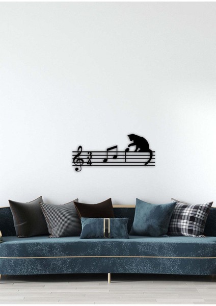 - Kedi Ve Notalar Metal Duvar Müzik Tablosu - Ev Ofis Dekorasyonu - 60 X 27 - Cm - Siyah - Müzık-058