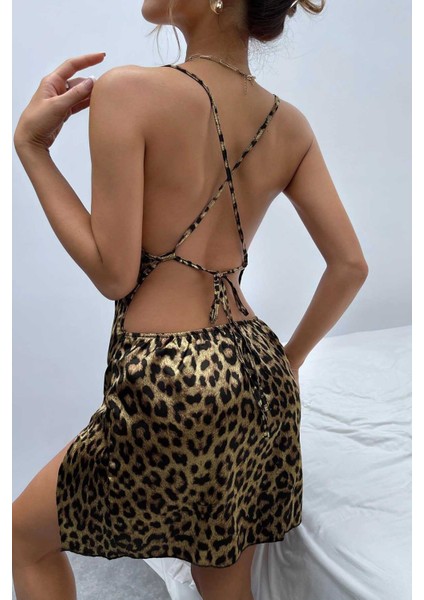 Yırtmaçlı Saten Leopar Gecelik Elbise modelleri