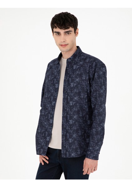 Erkek Lacivert Slim Fit Uzun Kollu Gömlek 50292130-VR033