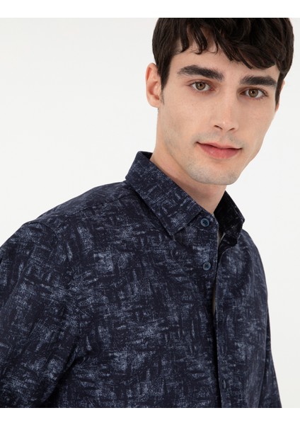 Erkek Lacivert Slim Fit Uzun Kollu Gömlek 50292130-VR033
