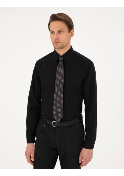 Erkek Siyah Regular Fit Uzun Kollu Basic Gömlek 50298003-VR046