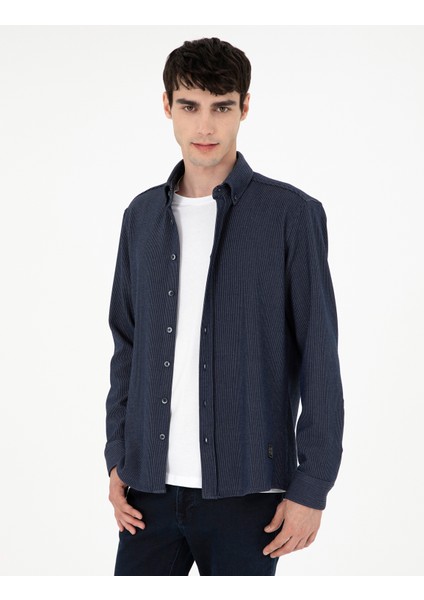Erkek Lacivert Çizgili Regular Fit Uzun Kollu Gömlek 50293947-VR033