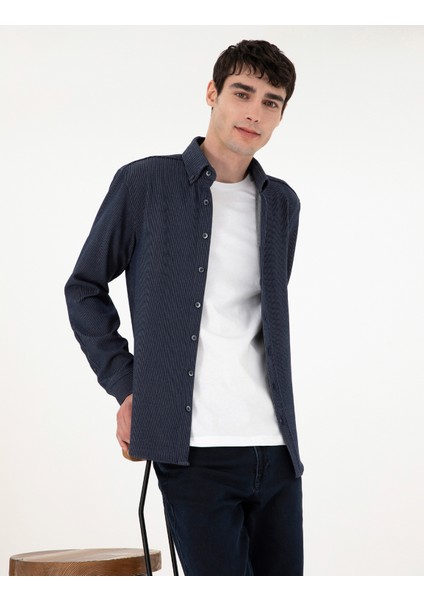 Erkek Lacivert Çizgili Regular Fit Uzun Kollu Gömlek 50293947-VR033