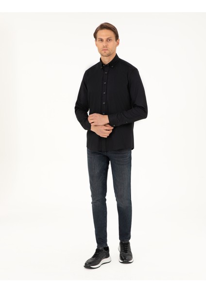 Erkek Siyah Regular Fit Uzun Kollu Gömlek 50292553-VR046