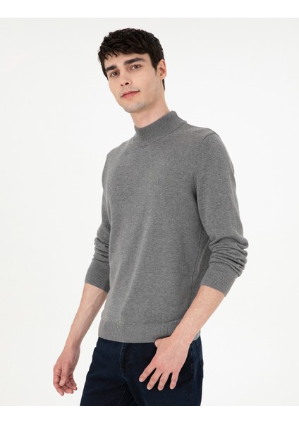 Erkek Gri Melanj Slim Fit Yarım Balıkçı Yaka Basic Triko Kazak 50296548-VR086