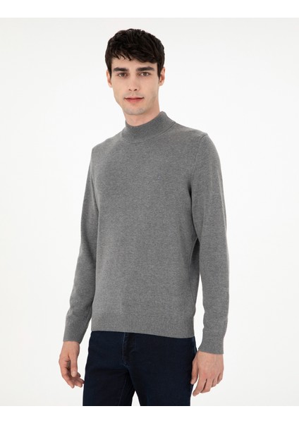 Erkek Gri Melanj Slim Fit Yarım Balıkçı Yaka Basic Triko Kazak 50296548-VR086 modelleri