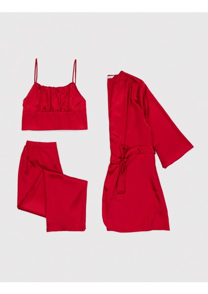Kadın Kırmızı Saten 3'lü Pijama Takımı 50304006-VR030